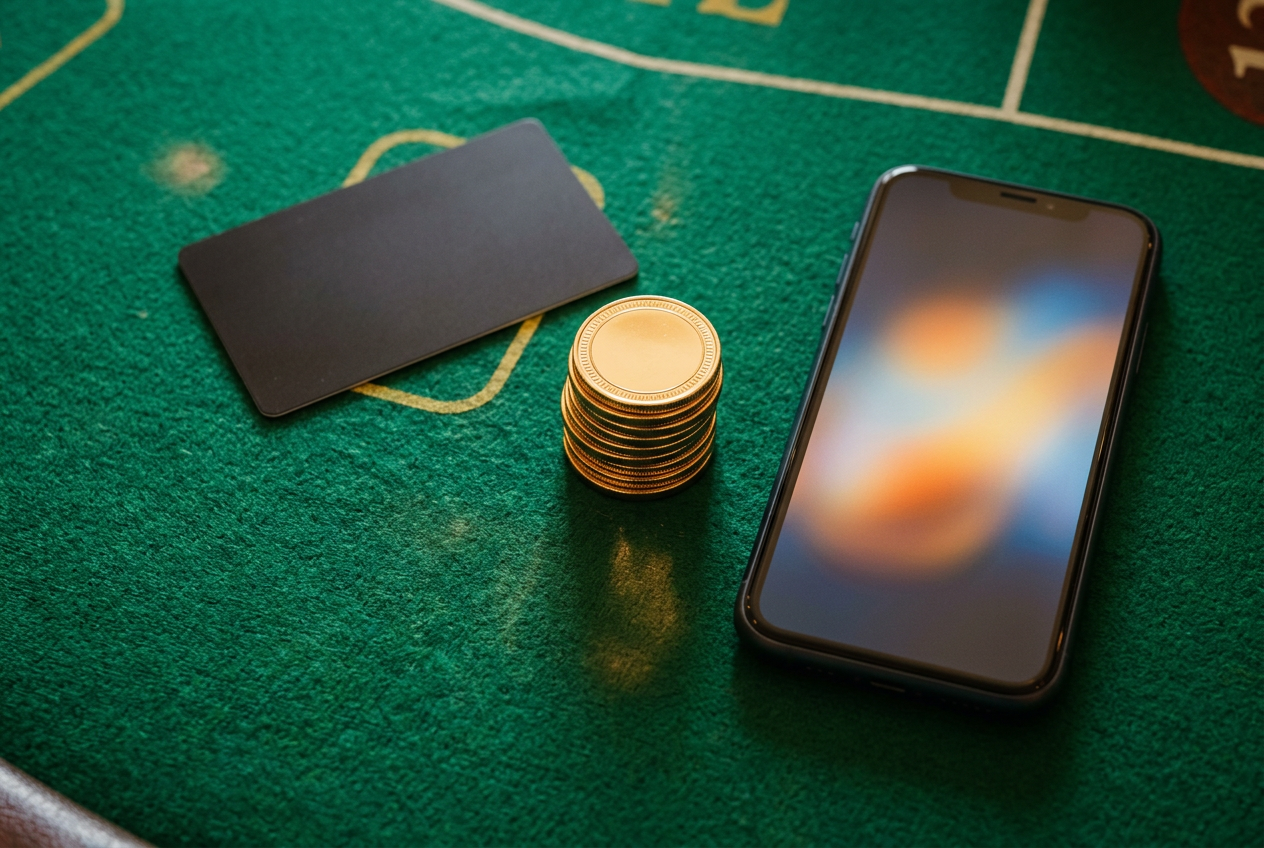 Moderní platební karty a smartphone na zeleném herním plátně